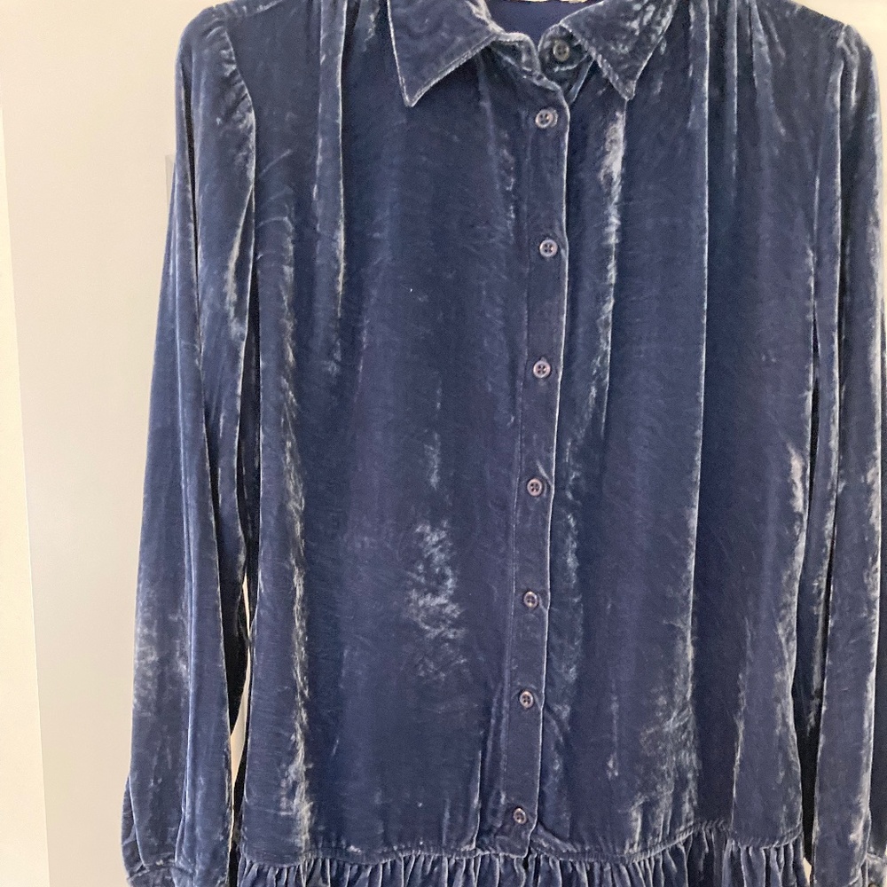 Johnny Was Velvet Ruffle Blouse Denim Blue